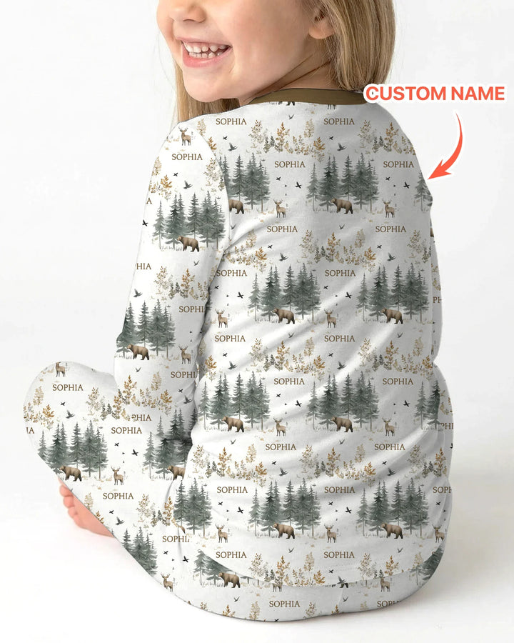 Custom Name Forest Bear Deer Bamboo Two Piece Long Sleeve Pajama Set