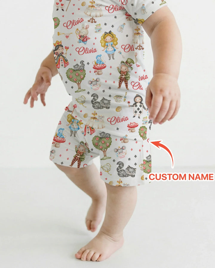 Whimsical Wonderland Tea Party Custom Name Two Piece Short Sleeve Shorts Pajama Set