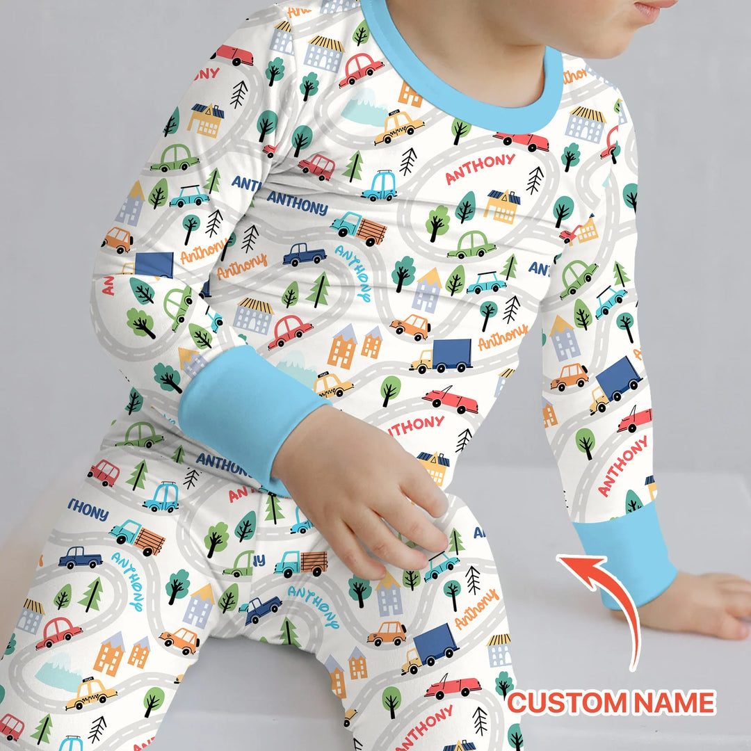 Custom Name Road Map Two Piece Long Sleeve Pajama Set