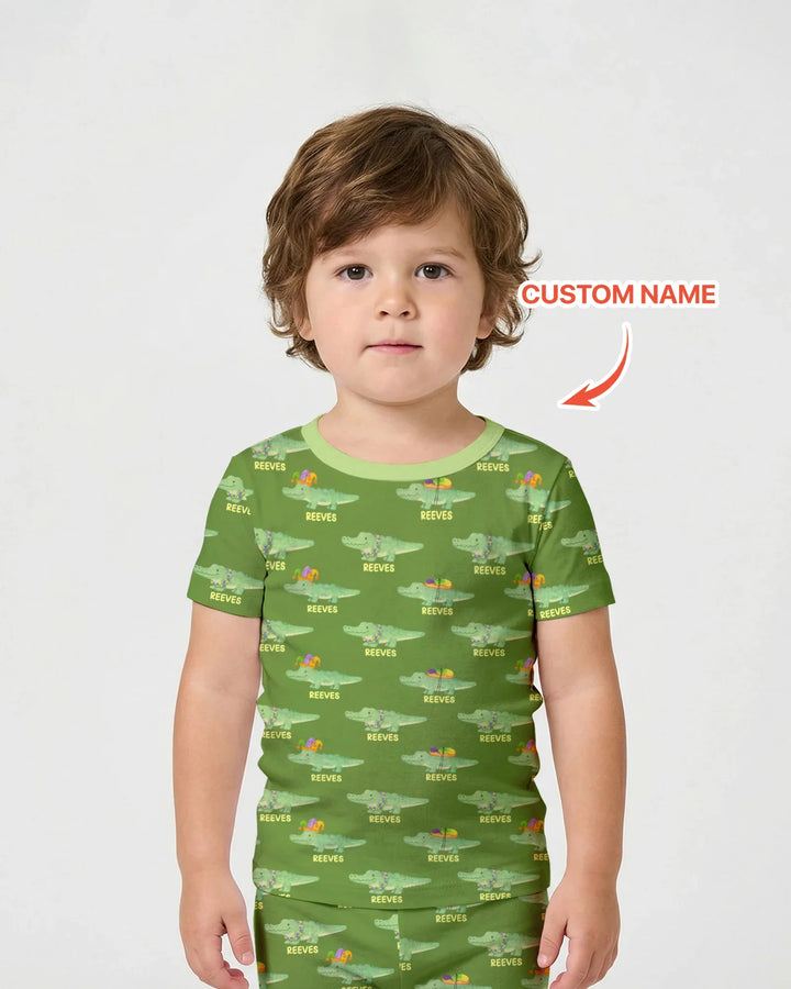 Custom Name Mardi Gras Gator Two Piece Short Sleeve Shorts Pajama Set