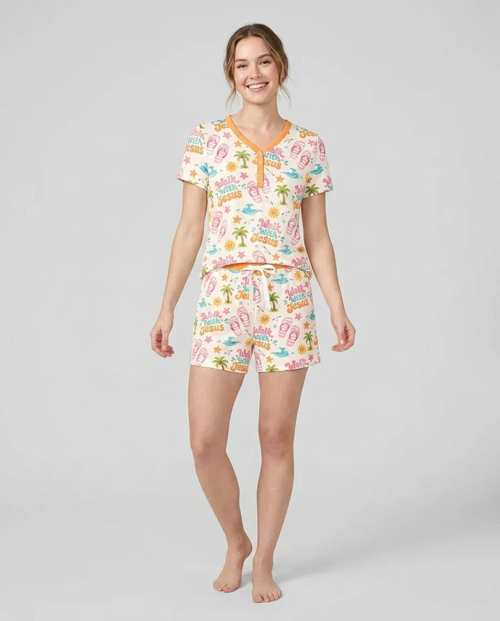 Groovy Summer Walk With Jesus Bamboo Women Short Sleeve Short Pajama Set