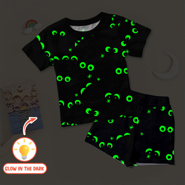 Glow In The Dark Creepy Spiderweb Two Piece Short Sleeve Shorts Pajama Set