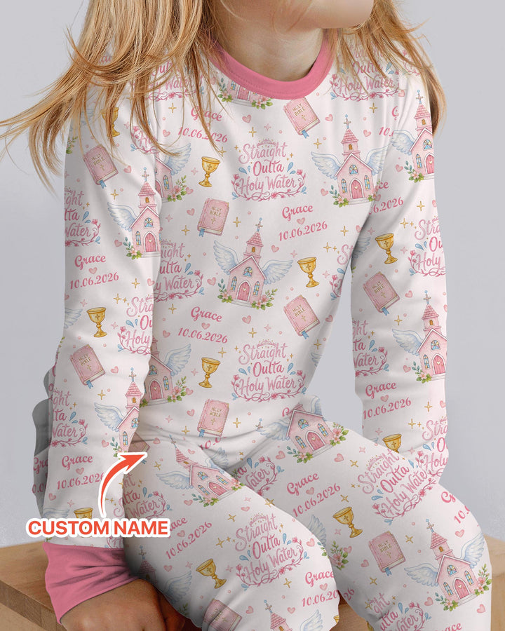 Custom Name Baptism Christening Straight Outta Holy Water Bamboo Two Piece Long Sleeve Pajama Set