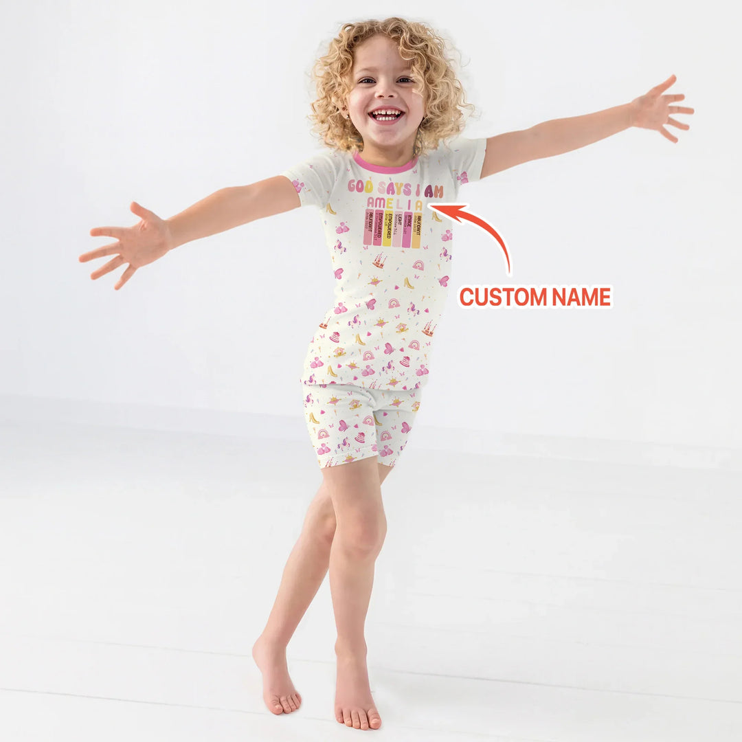 God Says I Am Name Letter In Bible Two Piece Short Sleeve Shorts Pajama Set , God Says I Am Name Letter In Bible Two Piece Short Sleeve Shorts Pajama Set - 12-18M