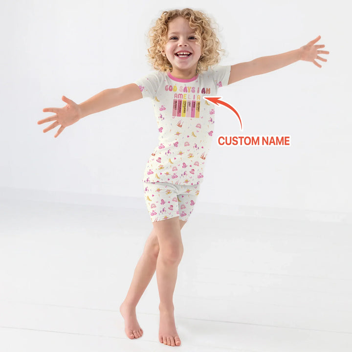 God Says I Am Name Letter In Bible Two Piece Short Sleeve Shorts Pajama Set , God Says I Am Name Letter In Bible Two Piece Short Sleeve Shorts Pajama Set - 12-18M