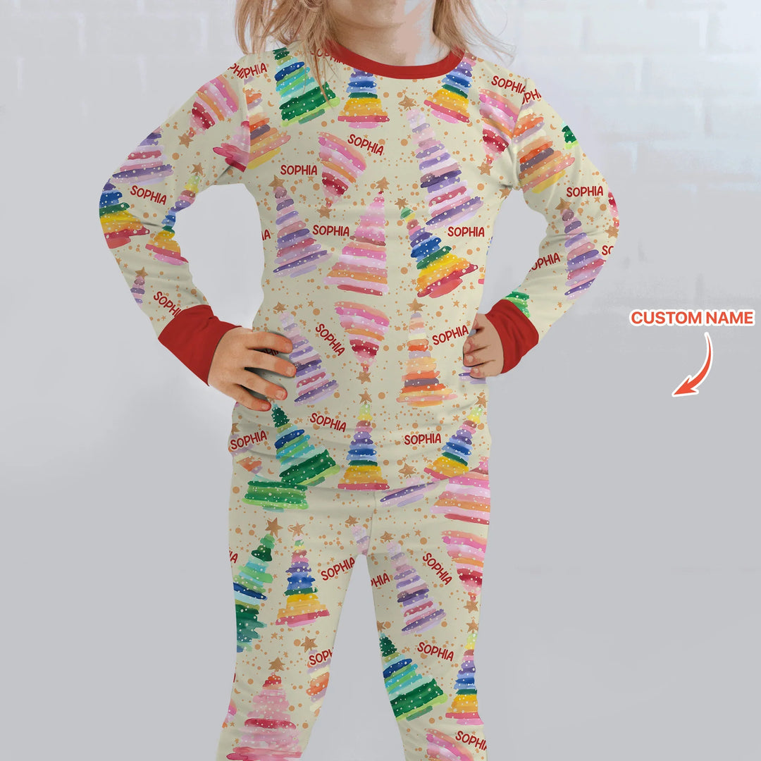 Personalized Twinkle Christmas Trees Two Piece Long Sleeve Pajama Set