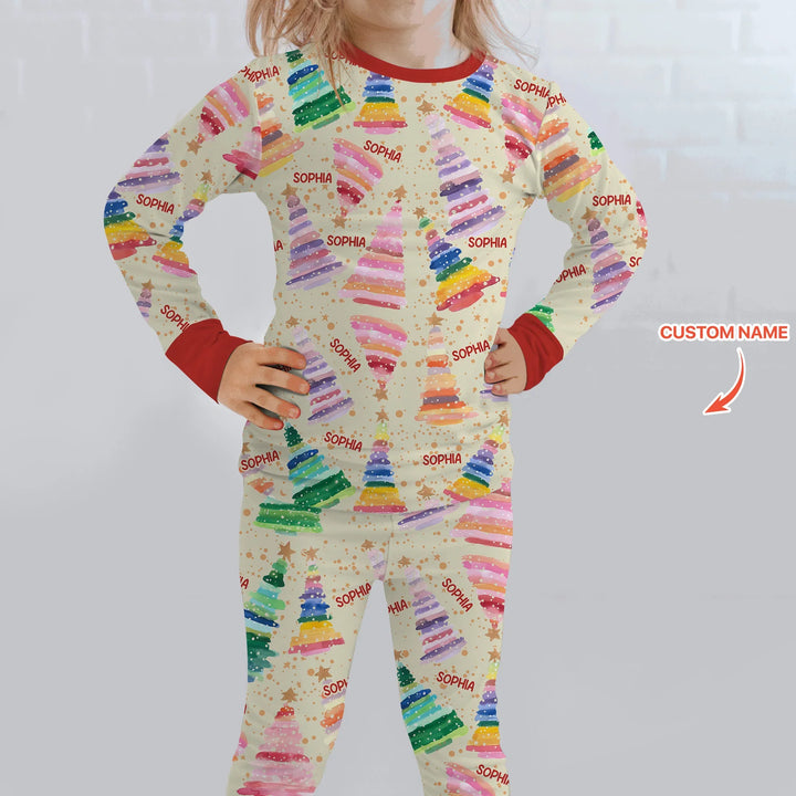 Personalized Twinkle Christmas Trees Two Piece Long Sleeve Pajama Set