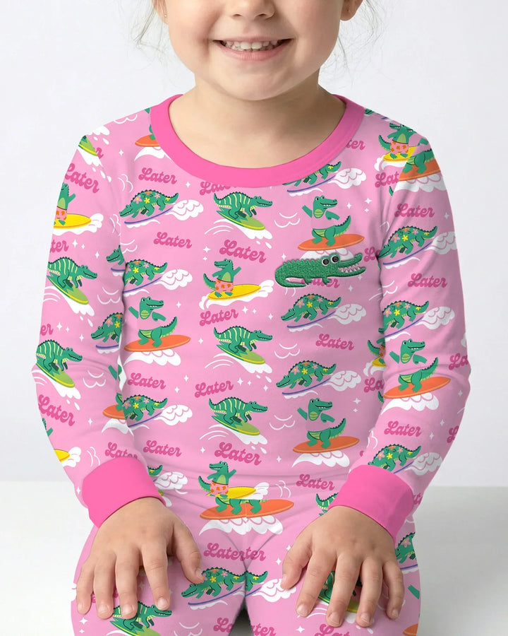 Conjunto de pijama de dos piezas de bambú de manga larga con cocodrilo bordado para verano