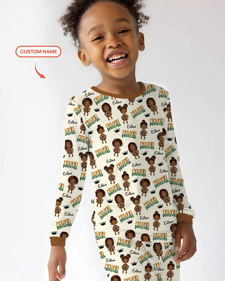 Custom Name Melanin Princess Bamboo Two Piece Long Sleeve Pajama Set
