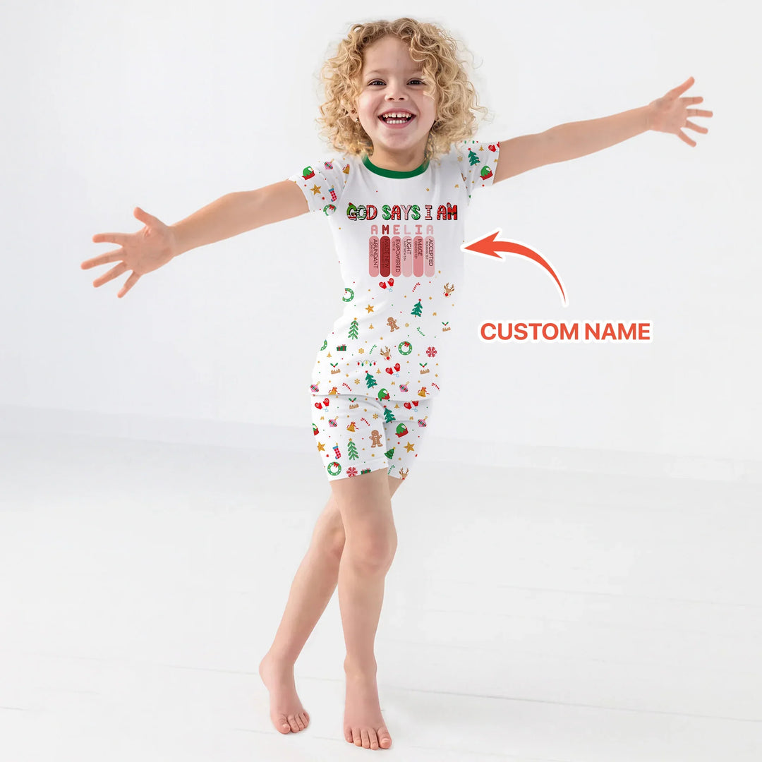 Christmas Blessings God Says I Am Custom Name Two Piece Short Sleeve Shorts Pajama Set , Christmas Blessings God Says I Am Custom Name Two Piece Short Sleeve Shorts Pajama Set - 12-18M