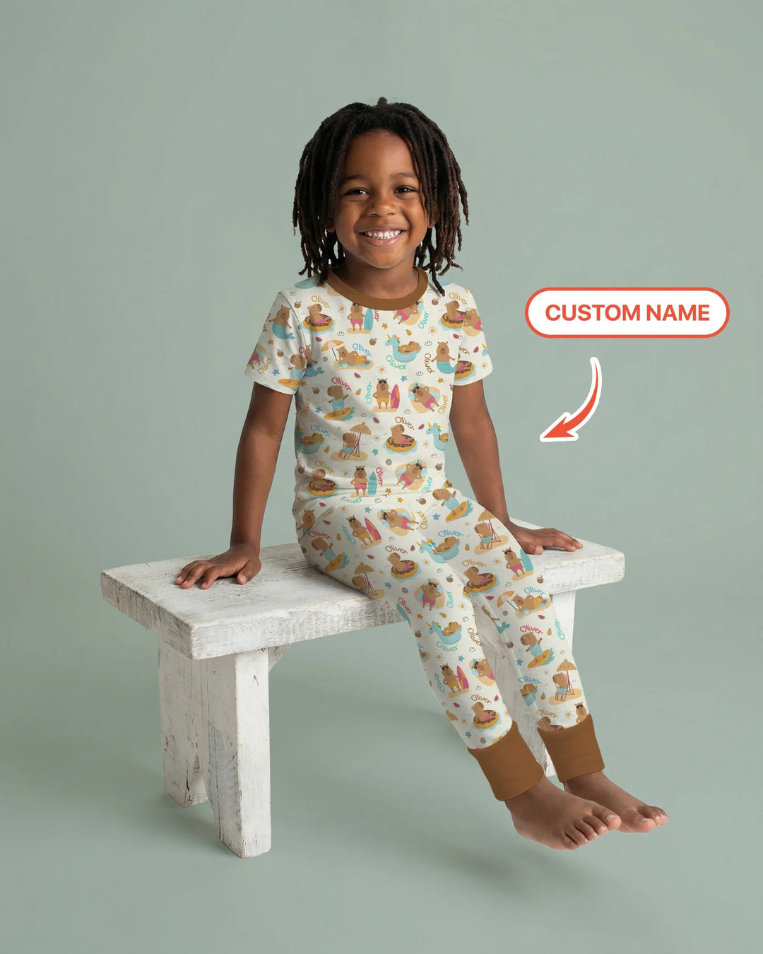 Don't Worry, Be Capy Custom Name Bamboo Two Piece Short Sleeve Pajama Set