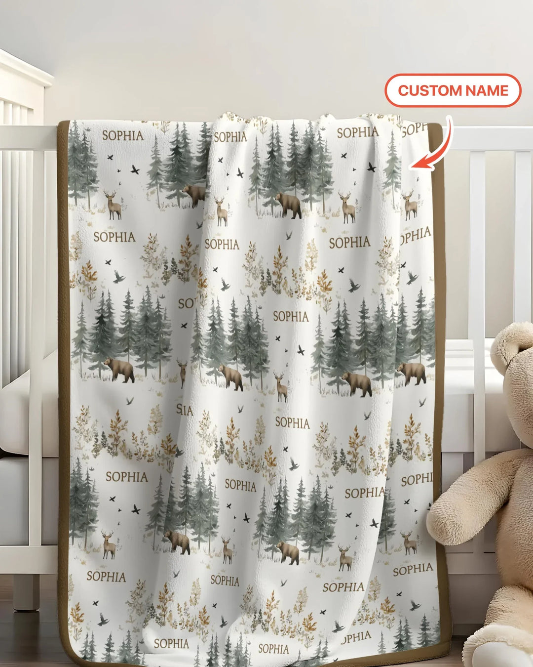 Manta de bambú personalizada con nombre, bosque, oso, ciervo