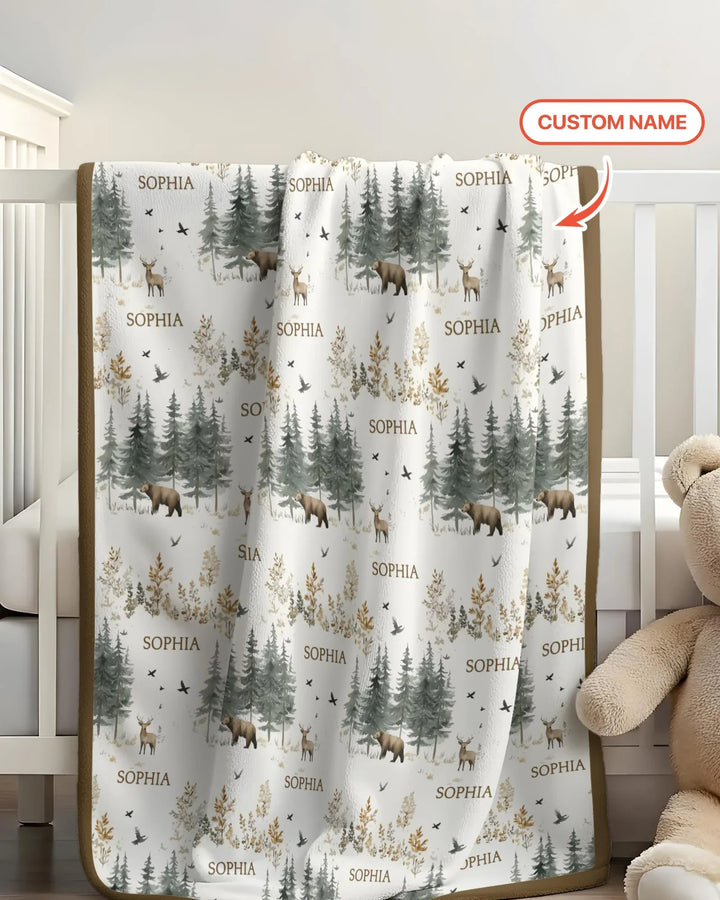 Manta de bambú personalizada con nombre, bosque, oso, ciervo