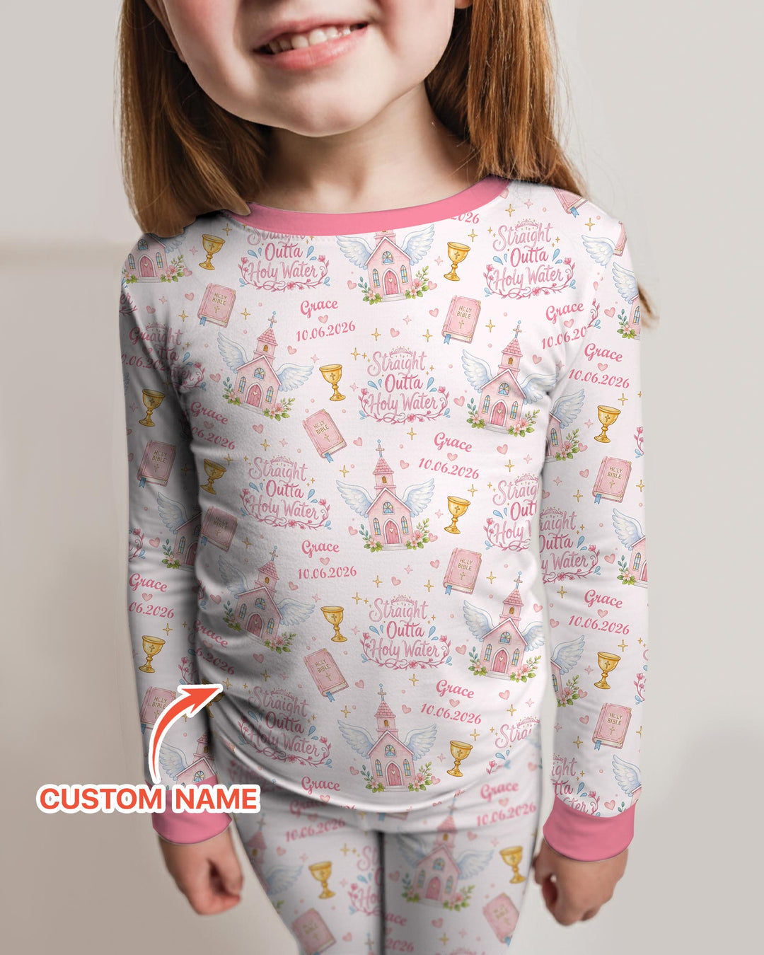 Custom Name Baptism Christening Straight Outta Holy Water Bamboo Two Piece Long Sleeve Pajama Set