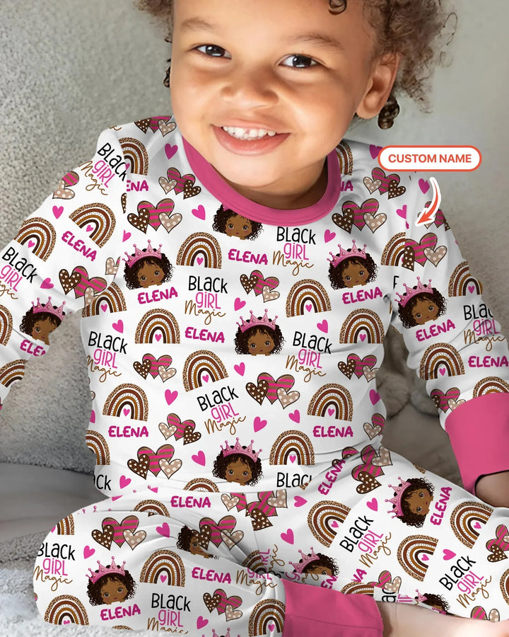 Custom Name Black Girl Magic Bamboo Two Piece Long Sleeve Pajama Set