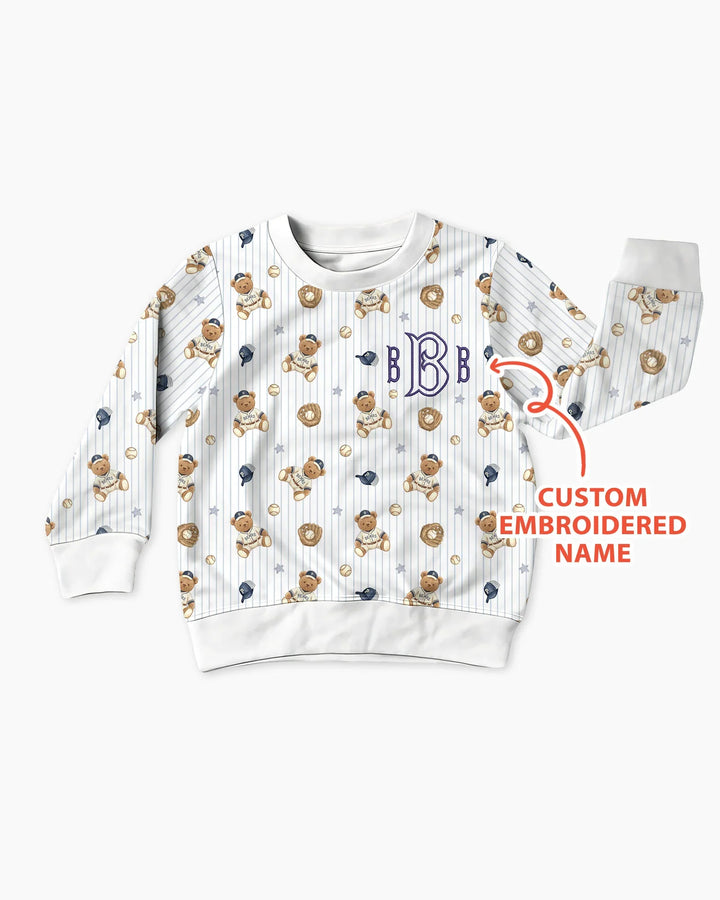 Personalized Embroidered Teddy Bear Baseball Baby Bamboo Crewneck Sweatshirt