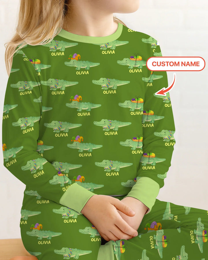 Custom Name Mardi Gras Gator Two Piece Long Sleeve Pajama Set