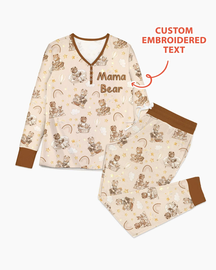 Besticktes Mama Bär und Baby Bär Pyjama-Set aus Bambus für Damen
