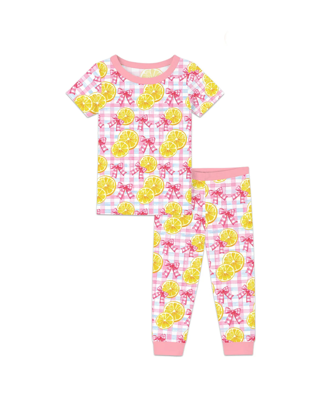 Pink Lemons Bows Checkered Bamboo Two Piece Short Sleeve Pajama Set