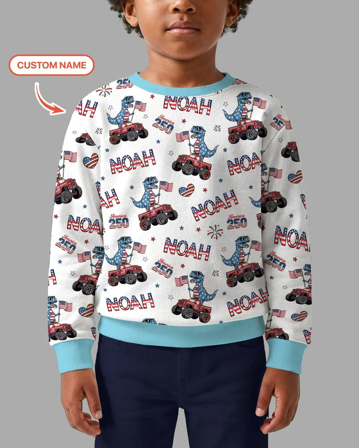 Custom Name American Flag Dinosaur Bamboo Crewneck Sweatshirt