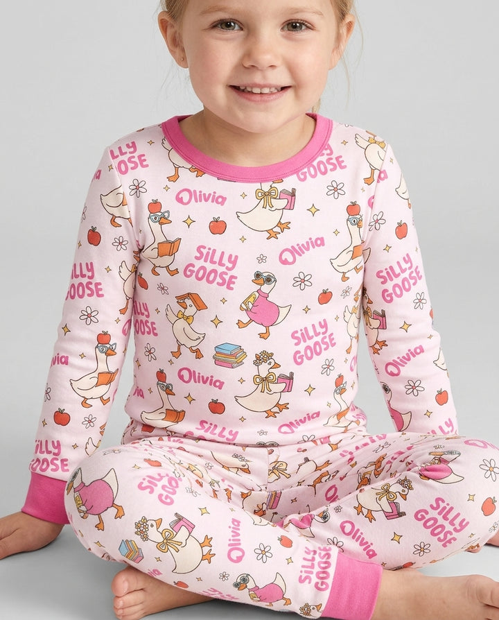 Custom Name Silly Goose Back to School Bamboo Two Piece Long Sleeve Pajama Set