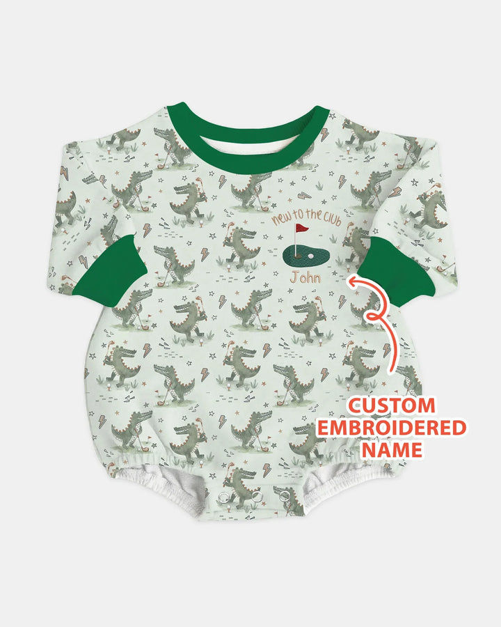 Personalized Embroidered Name Crocodile Golf Bamboo Bubble Romper