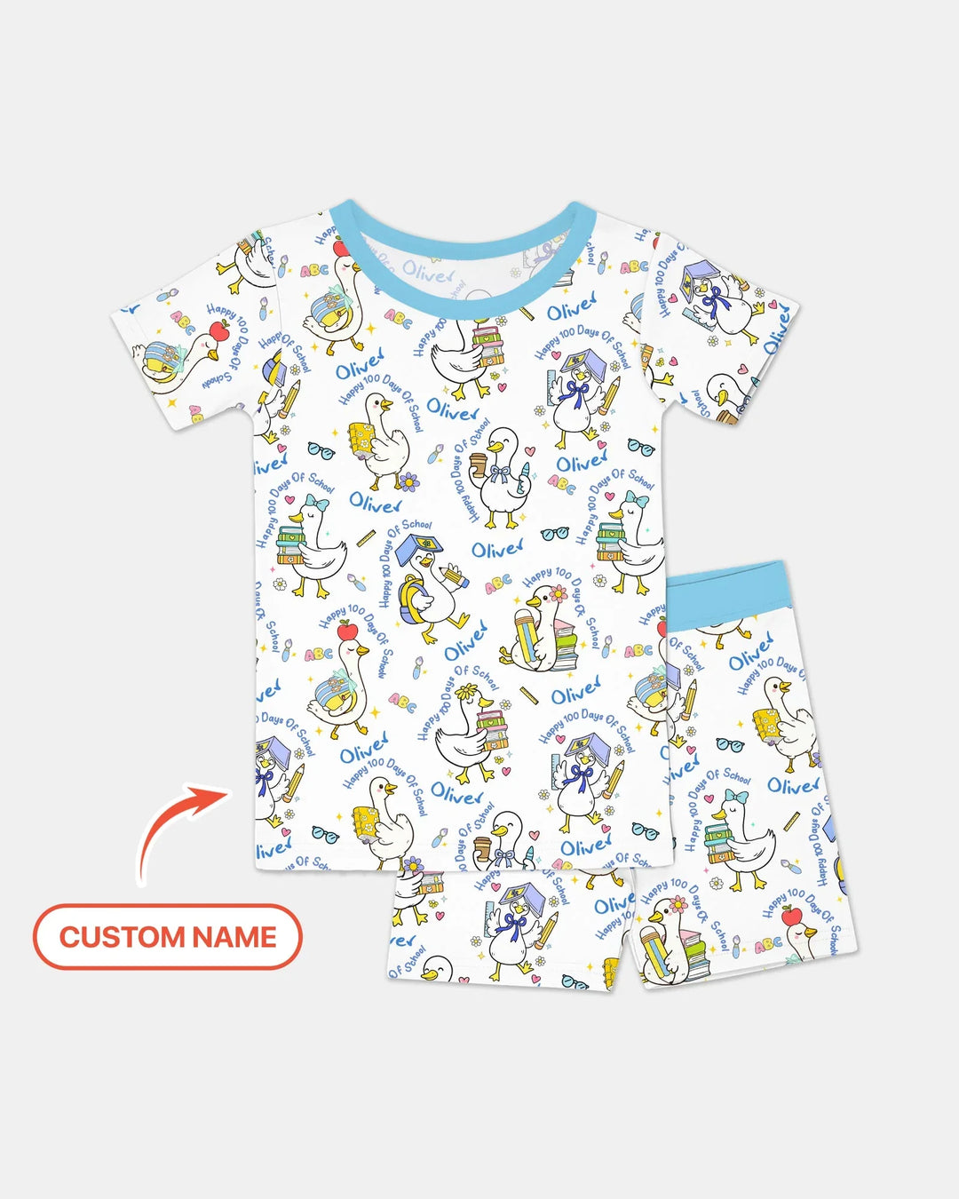 Custom Name Goose Happy 100 Days Of School Two Piece Short Sleeve Shorts Pajama Set