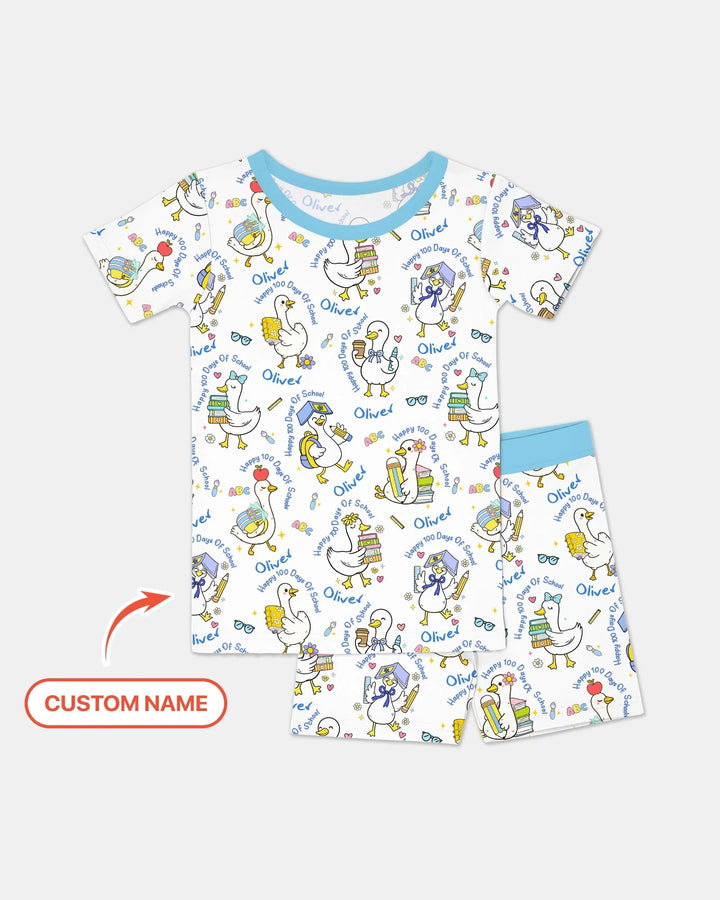 Custom Name Goose Happy 100 Days Of School Two Piece Short Sleeve Shorts Pajama Set