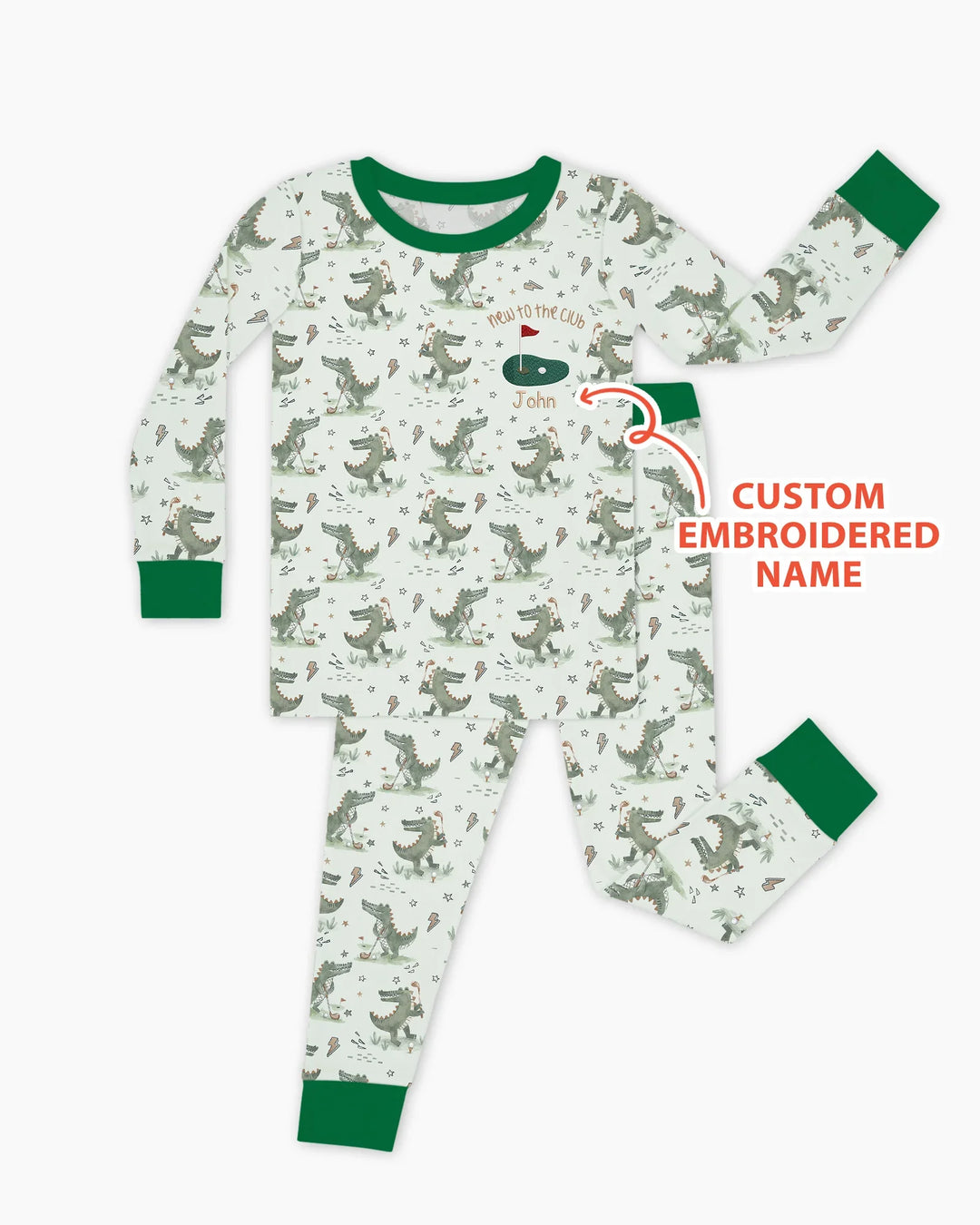 Personalized Embroidered Name Crocodile Golf Bamboo Two Piece Long Sleeve Pajama Set