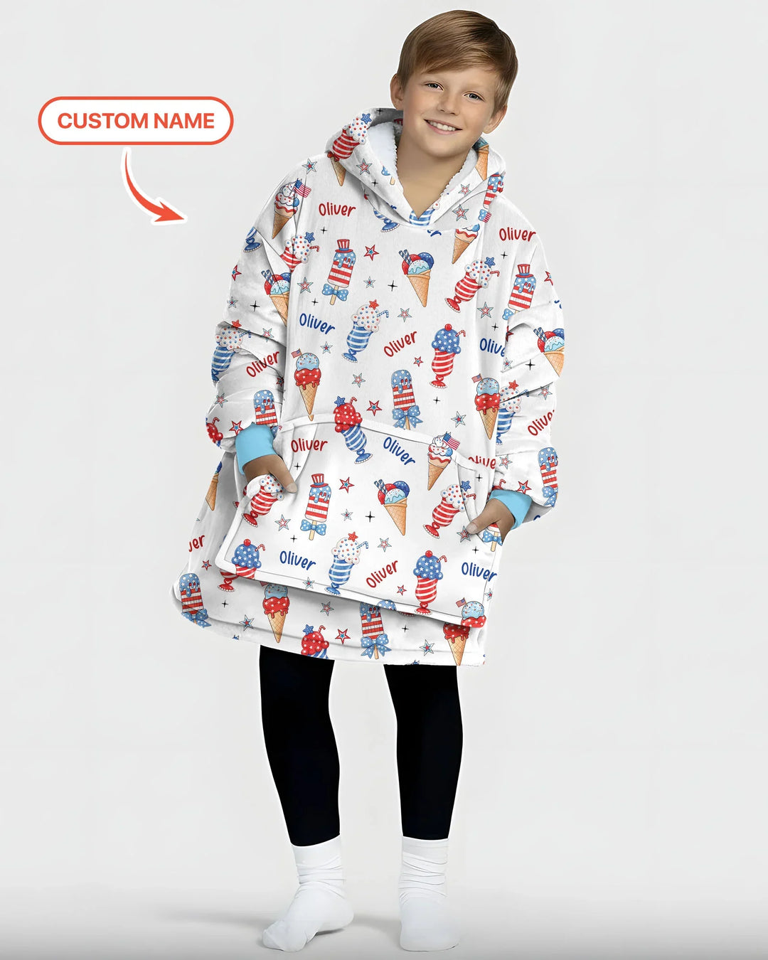 Custom Name Red, White & Ice Cream Bamboo Blanket Hoodie