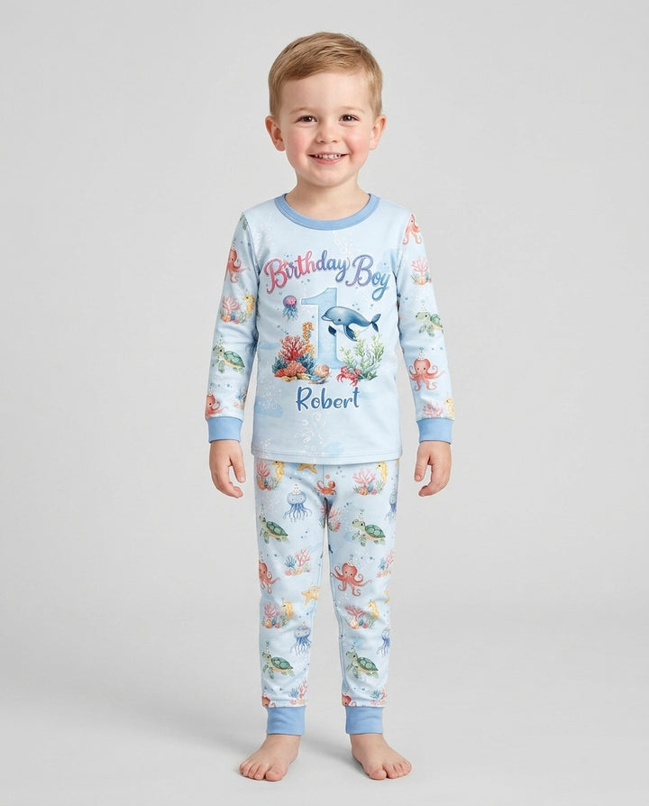 Under the Sea Birthday Custom Name & Age Bamboo Two Piece Long Sleeve Pajama Set