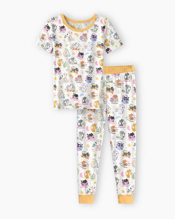 Funny Cat Love Scientist Bamboo Two Piece Short Sleeve Pajama Set
