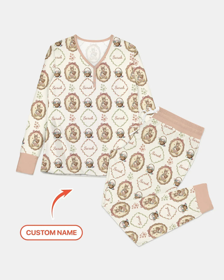 Vintage Bunny Easter Custom Name Mommy & Me Matching Bamboo Women Pajama Set