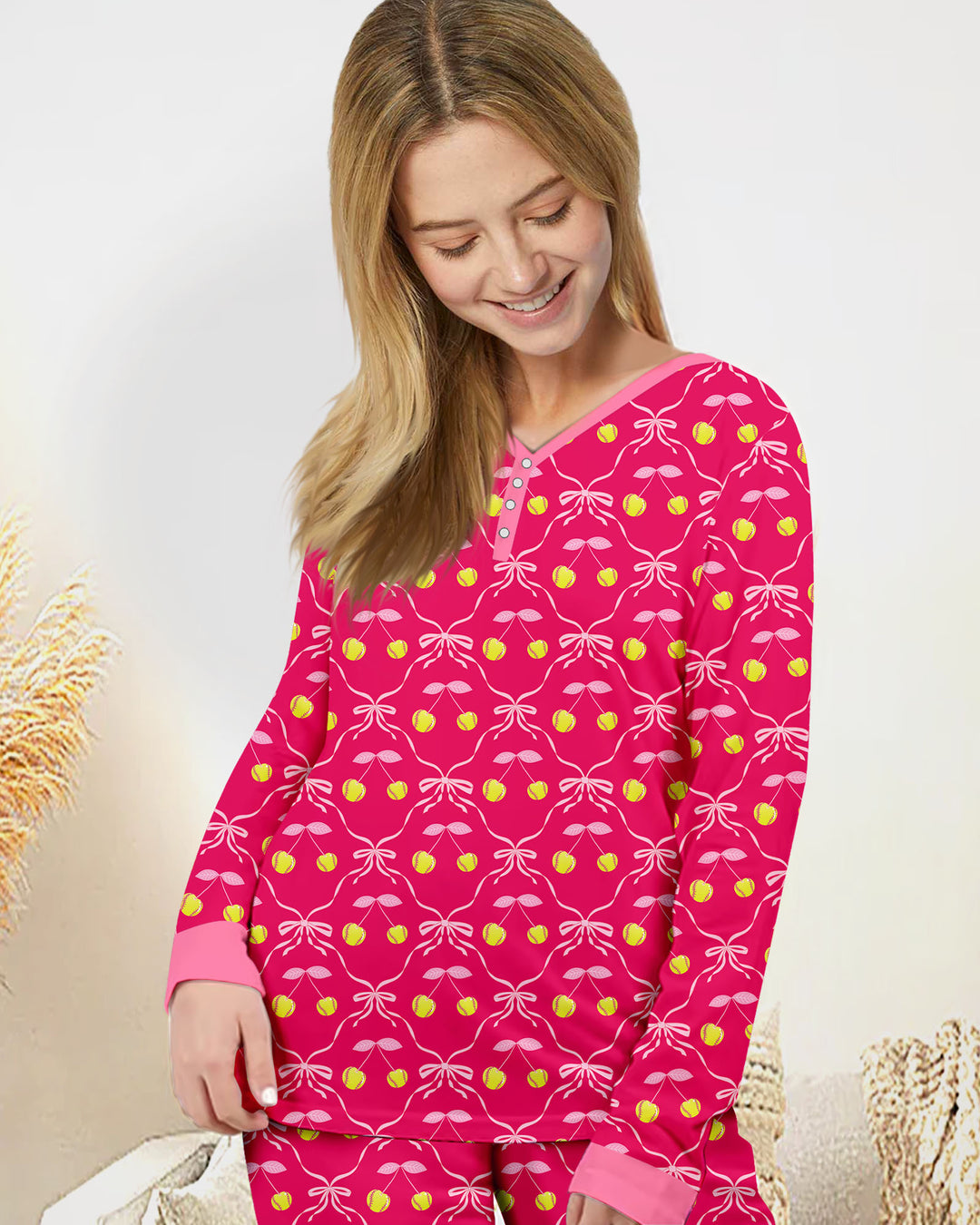 Cherry Baseball Softball Mom and Girl Matching Bamboo Women Pajama Set