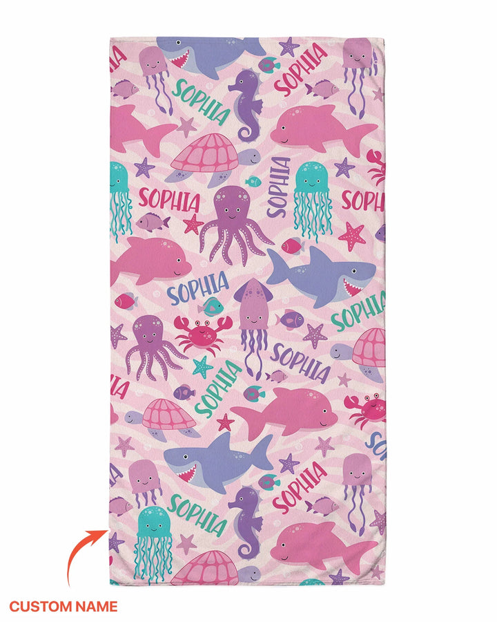 Custom Name Sea Life Kid Beach Towel