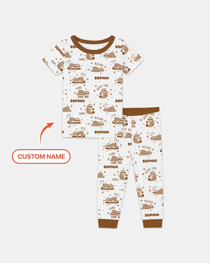 Custom Name Cute Sloth Two Piece Short Sleeve Pajama Set