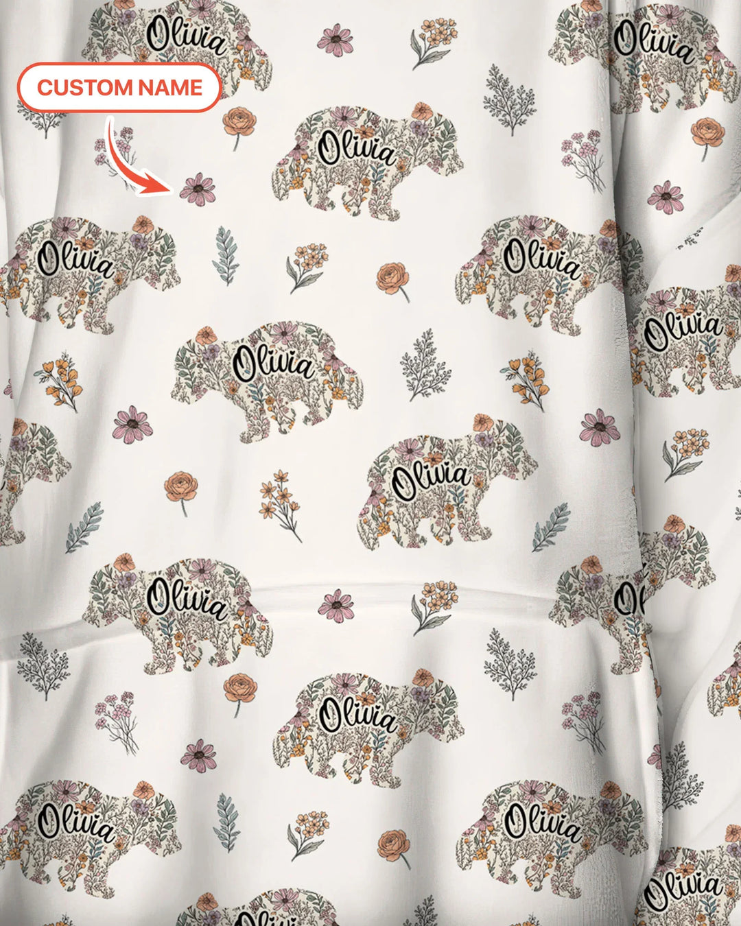 Custom Name Floral Bear Family Matching Bamboo Blanket Hoodie