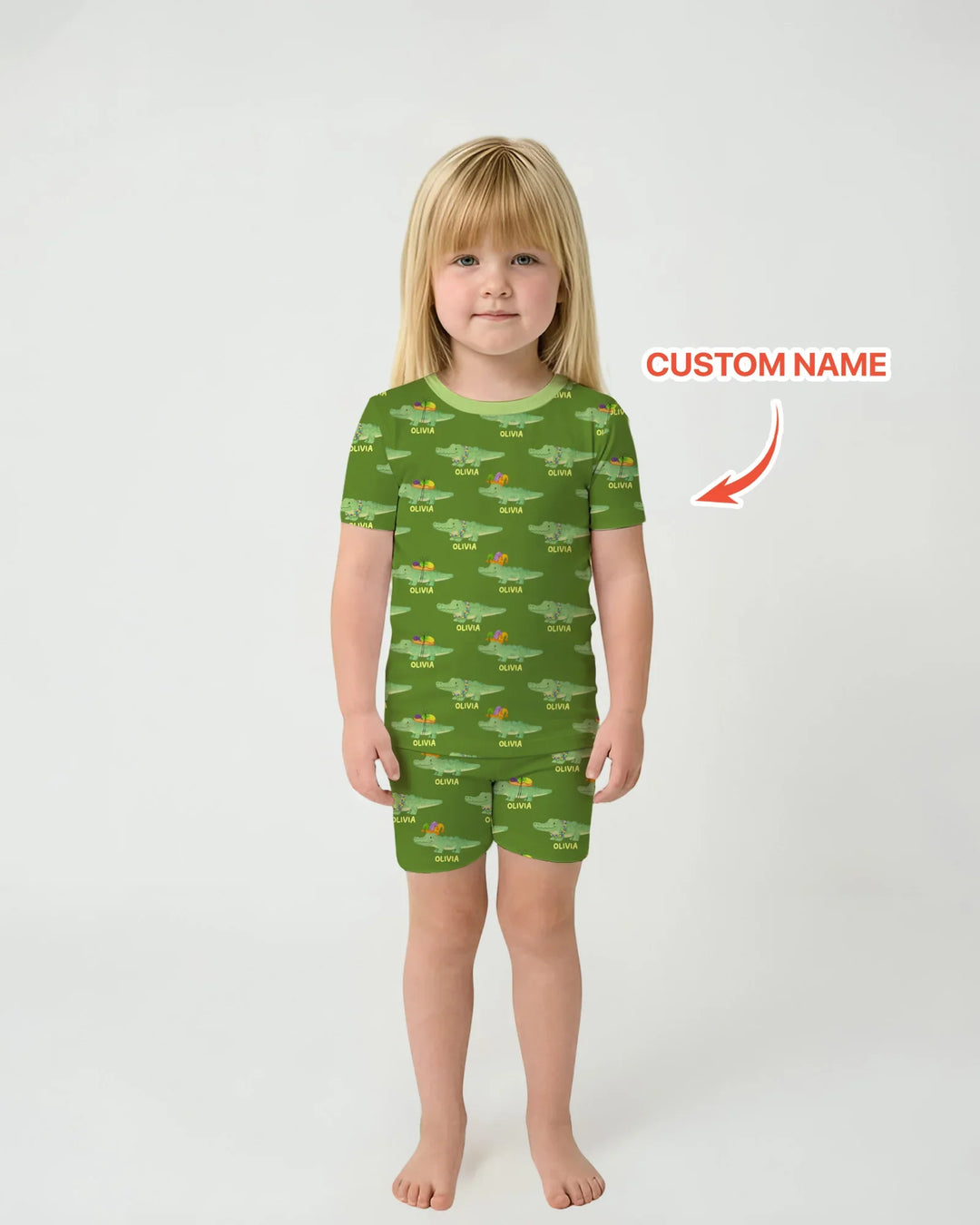 Custom Name Mardi Gras Gator Two Piece Short Sleeve Shorts Pajama Set
