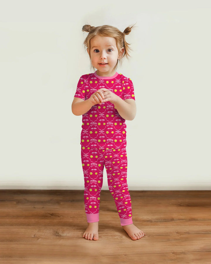 Cherry Baseball Softball Mom and Girl Matching Bamboo Two Piece Short Sleeve Pajama Set