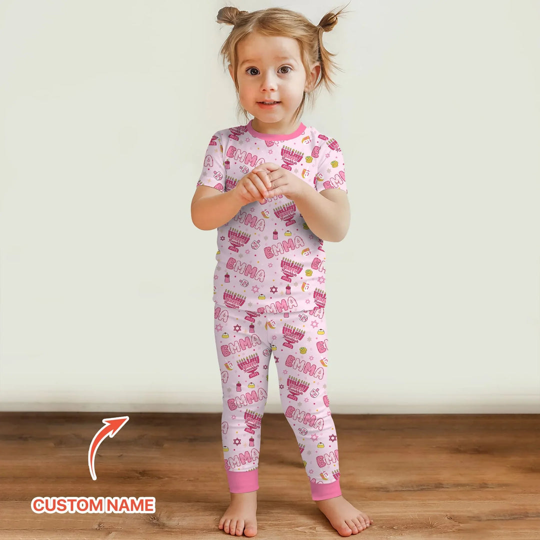 Custom name Happy Hanukkah 2025 Two Piece Short Sleeve Pajama Set