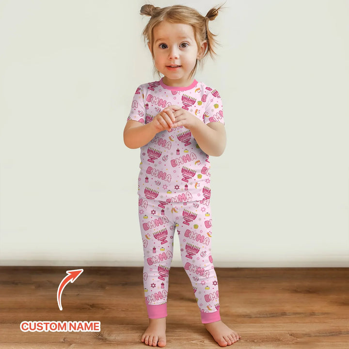 Custom name Happy Hanukkah 2025 Two Piece Short Sleeve Pajama Set