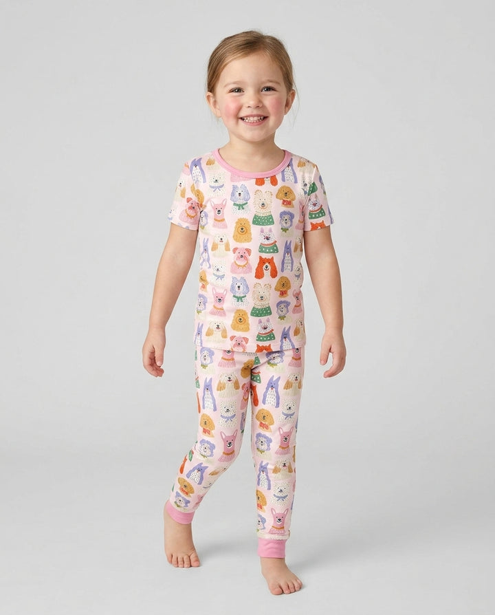 Whimsical Puppy Parade Family Matching Bamboo Two Piece Short Sleeve Pajama Set