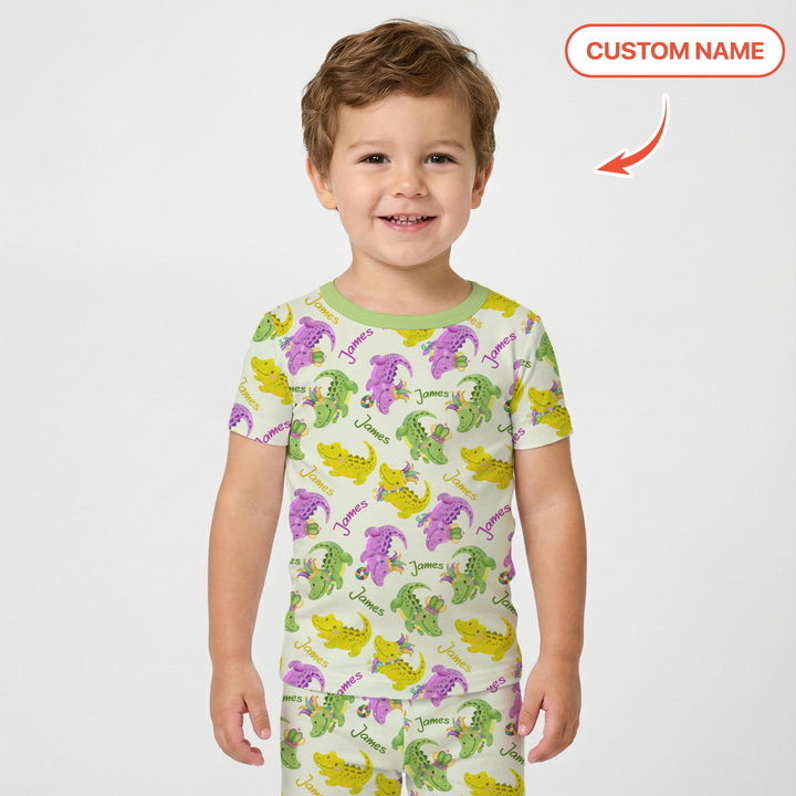 Custom Name Mardi Gras Alligator Two Piece Short Sleeve Pajama Set