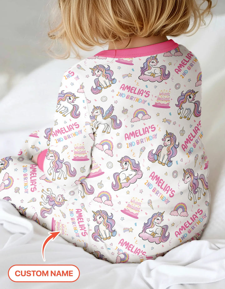 Custom Name Little Unicorn's Birthday Two Piece Long Sleeve Pajama Set