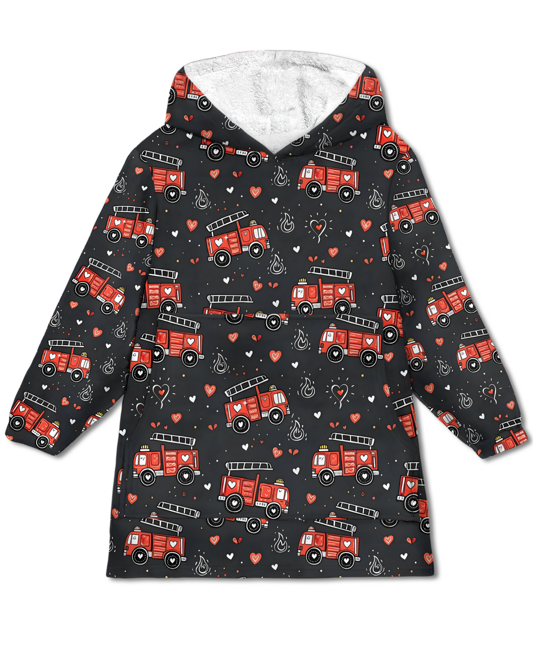 Valentine Fire Trucks Wearable Blanket Hoodie
