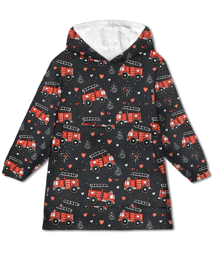 Valentine Fire Trucks Wearable Blanket Hoodie