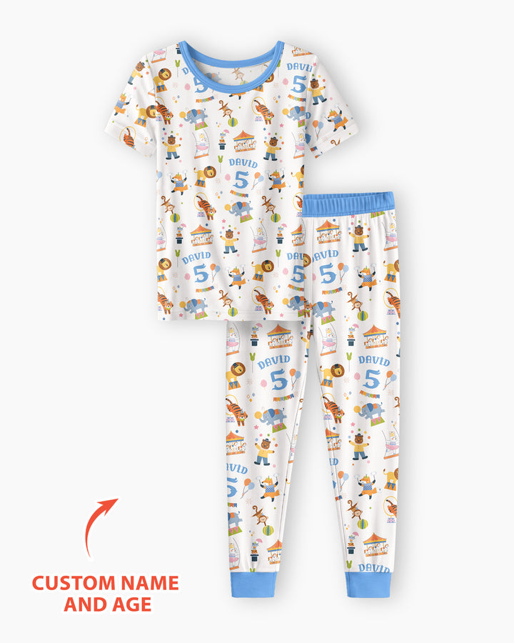 Custom Name Birthday Circus Bamboo Two Piece Short Sleeve Pajama Set