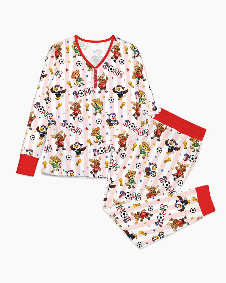 Striped Cute Mascots Soccer Cup 2026 Bamboo Women Pajama Set