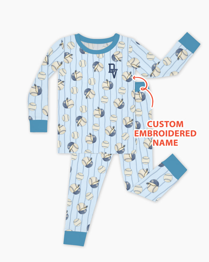 Custom Embroidered Baseball Bamboo Two Piece Long Sleeve Pajama Set