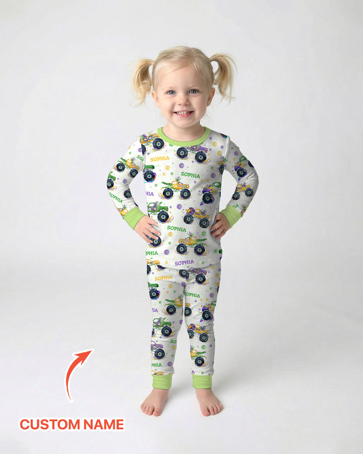 Custom Name Mardi Gras Monster Trucks Two Piece Long Sleeve Pajama Set